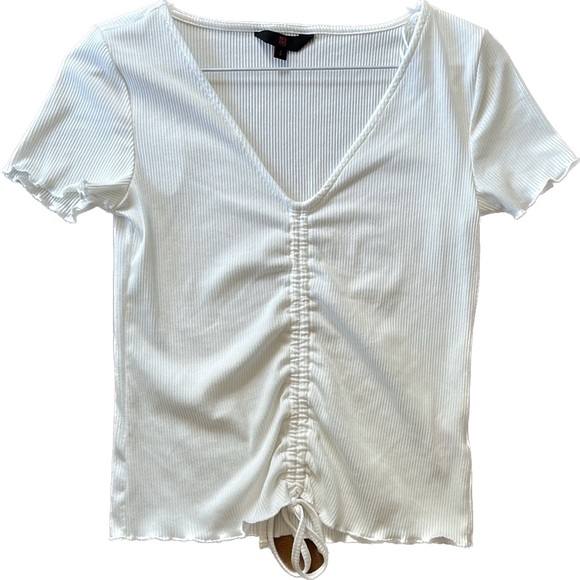 ❤️🔥5/20$ NOBO💫 Women’s White V-Neck Ribbed Drawstring Front Short Sleeve Top - Picture 1 of 8